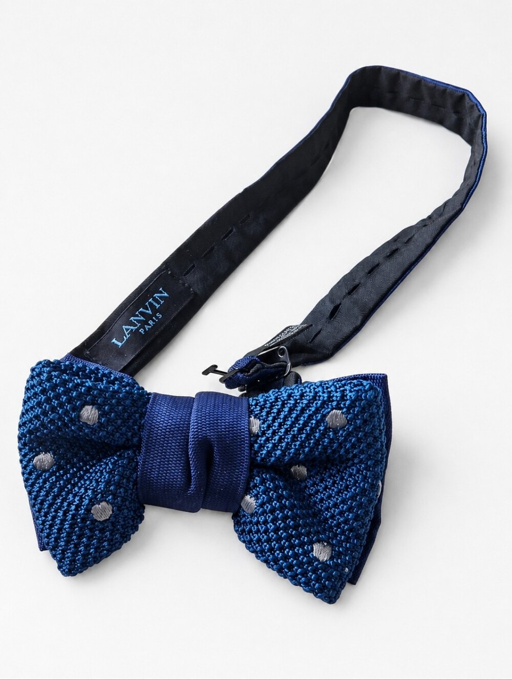 LANVIN | Blue Silk Knit Polka Dot Pre-Tied Adjustable Bow Tie Made in France